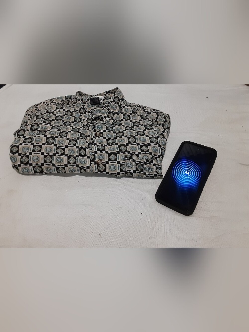 Vintage Geometric Button-Up Shirt in Black, Grey & Teal